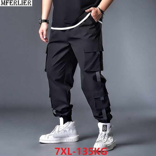 

plus size 6xl 7xl cargo pants for men summer pockets korea style safari style pencil pants oversize elastic fashion 130kg, Black