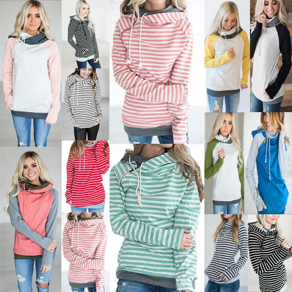 

girls hoodies patchwork pocket hooded coat women striped long sleeve sweatshirts zipper jumper pullover hoodie outerwe ljja3624, Black