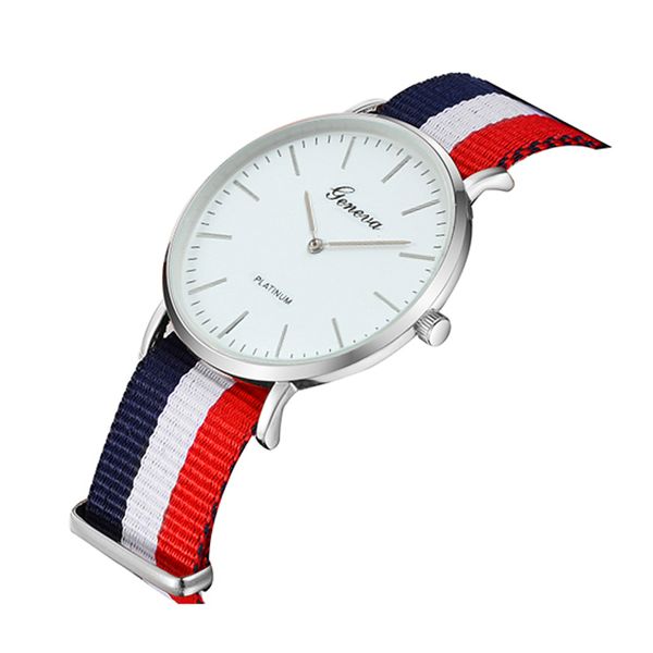 

new design 9 color mens fashion quartz watches vintage striped canvas strap sport casual women watch couple clock men wristwatch, Slivery;brown