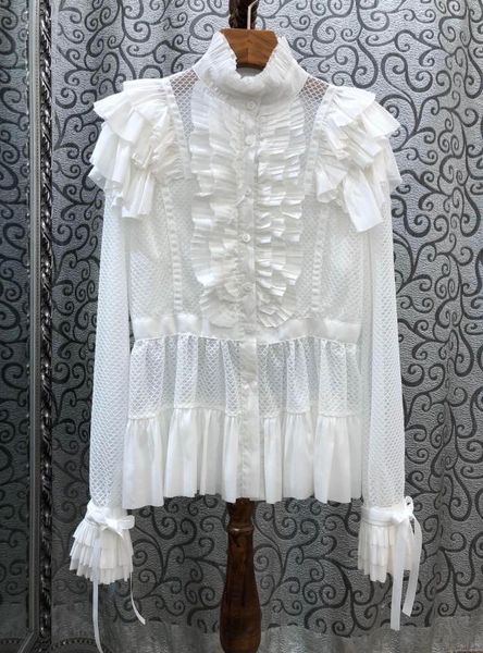 

женщины shirt 2020 лето новых рубашек женщина моды водолазка ruffled лоскутной белый топ шифон блузка, White