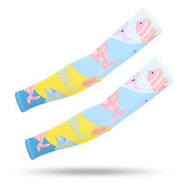 

children kids summer uv protection ice silk cooling arm sleeves cute cartoon fish star animal colorful printed protective gloves, Silver