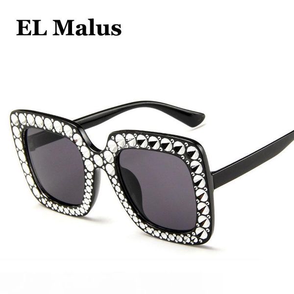 

el malus]square frame sunglasses women imitation diamond brand big sun glasses ladies 2018 new eyewear gradient pink mirror oculos sg006, White;black