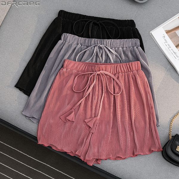 

2019 мода женские шорты лето свободные широкие ноги стрейч талии короткие feminino шнурок плиссированные рябить плюс размер юбка шорты, White;black