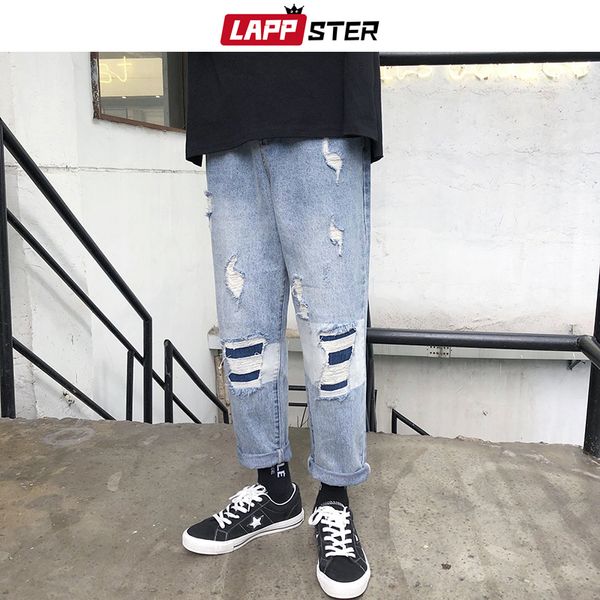 

lappster distressed jeans men streetwear 2019 mens blue jeans classic hip hop designer korean denim pants baggy straight