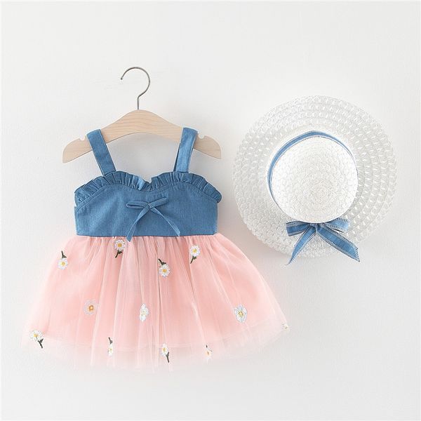 

girl's dresses 2021 summer baby girls clothes with hat toddler sisters princess party dress bow denim suspender born tutu tulle, Red;yellow