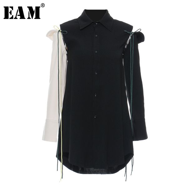 

eam] women bandage hollow out blouse new lapel long sleeve loose fit spliced spliced shirt fashion spring autumn 2020 jz249, White