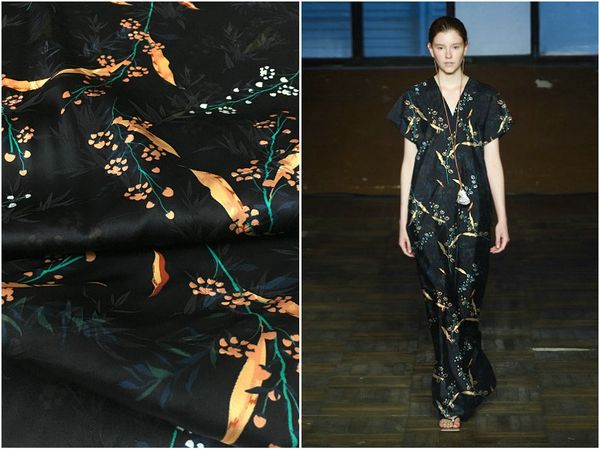 

new 22mm heavy silk cloth floral branches spray painted bamboo leaves jacquard elastic satin silk cheongsam clothing fabric, Black;white