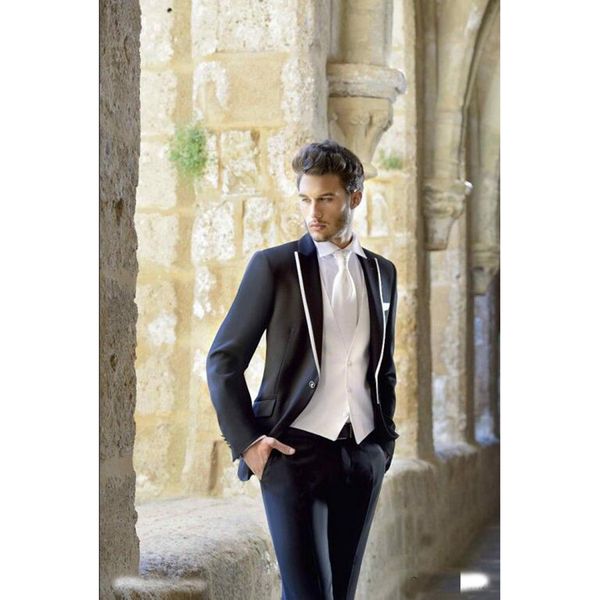 

fashion groom tuxedos lapel navy blue mens suits groomsmen men wedding suit costume mariage homme (jacket+pants+vest+tie, White;black