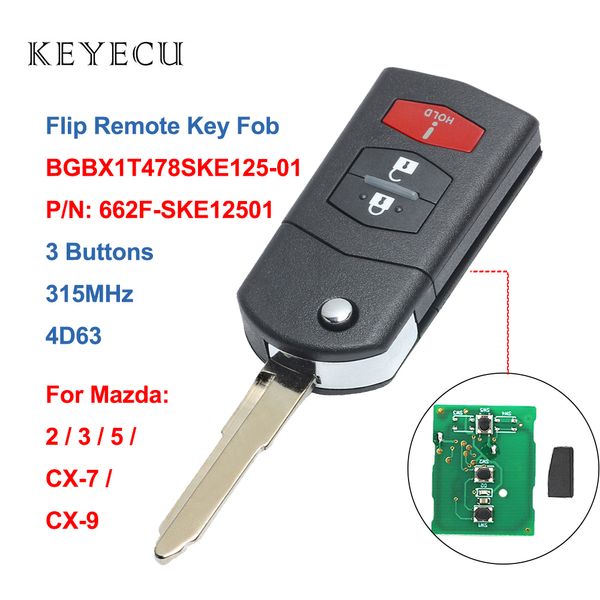 

keyecu 3 buttons flip remote car key fob 315mhz with 4d63 chip for 2, 3, 5, cx-7, cx-9 fcc id: bgbx1t478ske125-01