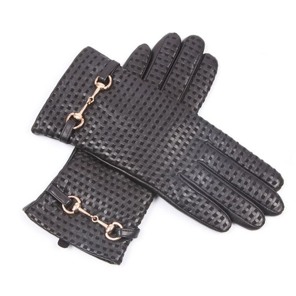 

autumn winter woman genuine leather gloves imported sheepskin wool lined fashion metal button driving female mittens el044nz-9, Blue;gray