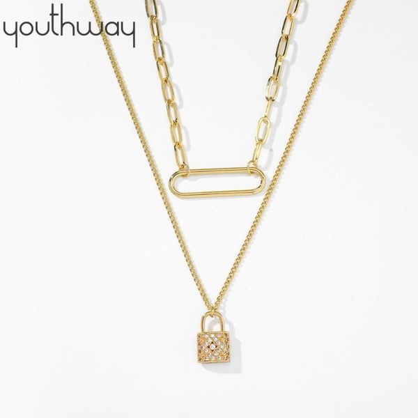 

2 layered zircon lock necklace 2pcs set exquisite copper inlaid zircon paper clip pendant necklace for women party jewelry, Silver