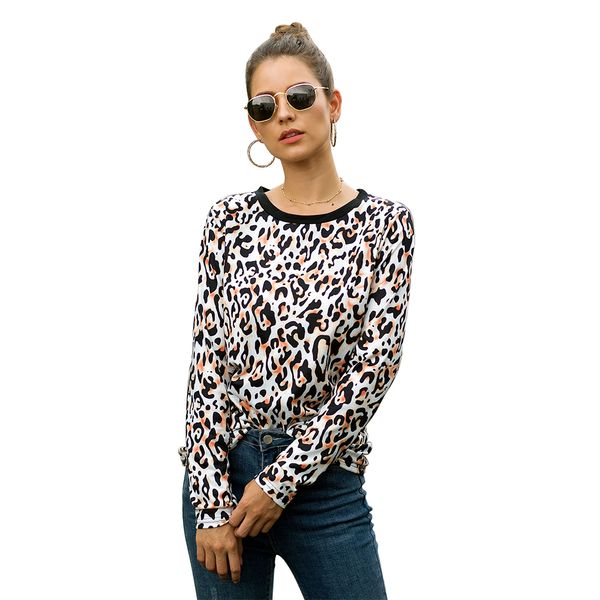 Mulheres Casual camisetas gola redonda leopardo Blusas Imprimir Túnica Tops Lady longas da luva Tops roupas femininas T-shirt