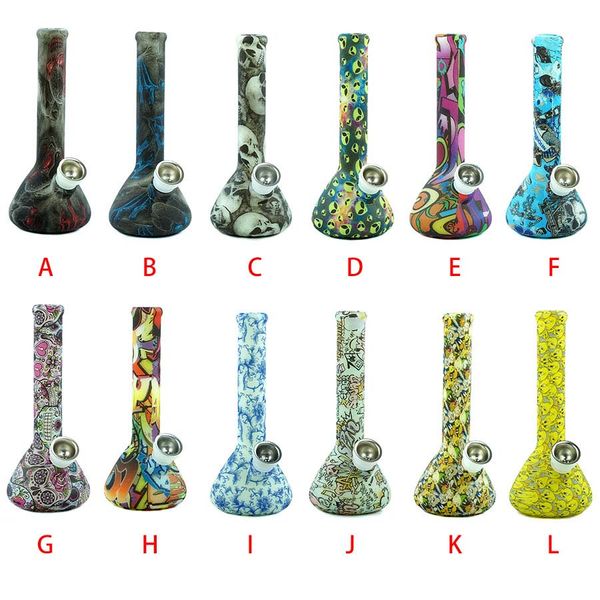 7.5 '' Sigara Beher Yağı DAB Rigs Su Boruları Baskılı Silikon Bongs Kırılmaz Silikon Bong Karanlıkta Glow