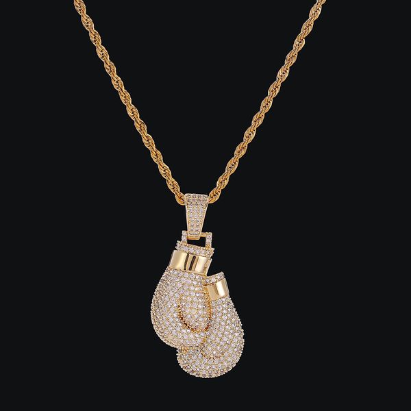 Collana con ciondolo guantoni da boxe Bling da uomo con catena in corda color oro argento ghiacciato gioielli hip-hop con zirconi cubici