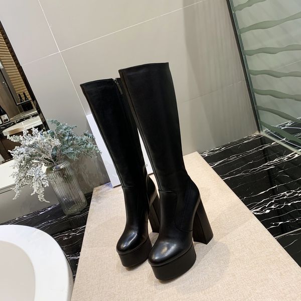 

the new high-end quality temperament women's leather leather sheepskin sheepskin thick heel height boots 13cm size35-40 115429, Black