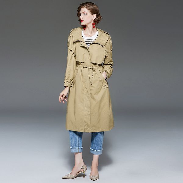 

trench coat hooded long coat female 2019 autumn new windbreaker casual women clothes, Tan;black