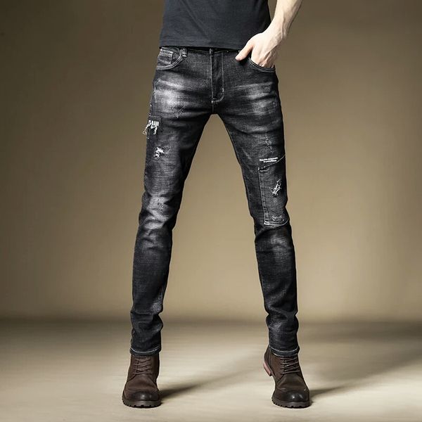

men's jeans 2021 male fashion black spring korean trend embroidery print patch hole denim slim pants trousers, Blue