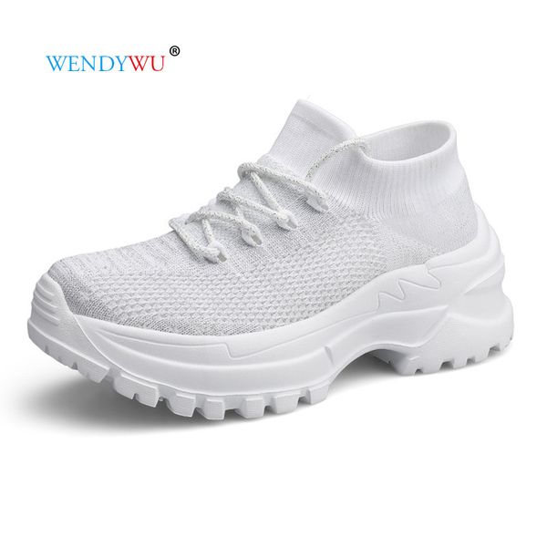 

women casual flats sneakers fashion thick bottom sports mesh lace up sock shoes breathable outdoor footwear, Black