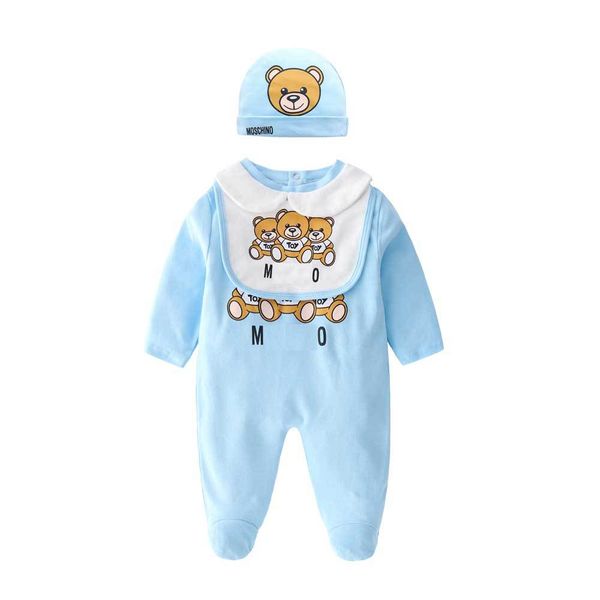 

sunma new baby boy girl rompers jumpsuit long sleeved plaid infant jumpsuit+hat bibs 3pcs outfit kids newborn baby clothes, Blue