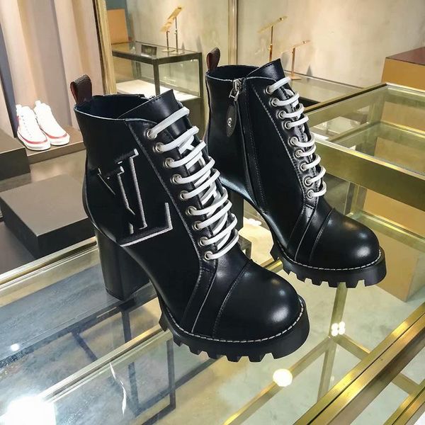 

star with high-heeled martin boots british style autumn and winter waterproof platform thick leather large size black boots