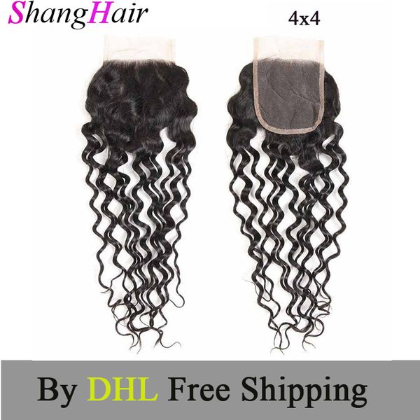 

оптовая бразильский богородица волна воды человеческих волос 4x4 top lace затворы волна воды с отбеленные узлы free средняя часть свободная, Black