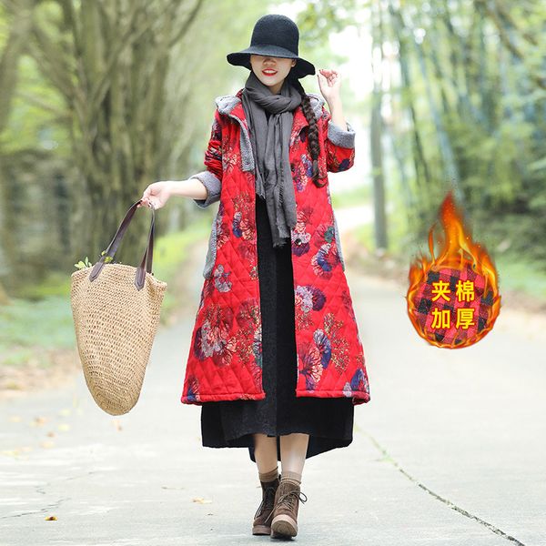 

p shoot 2019 winter new style cotton linen thick mid-length ethnic-style large size cotton overcoat, Blue;black