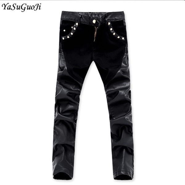 

yasuguo new 2019 punk style fashion zipper design slim jeans pu leather patchwork pants men streetwear hip hop skinny jeans men, Blue