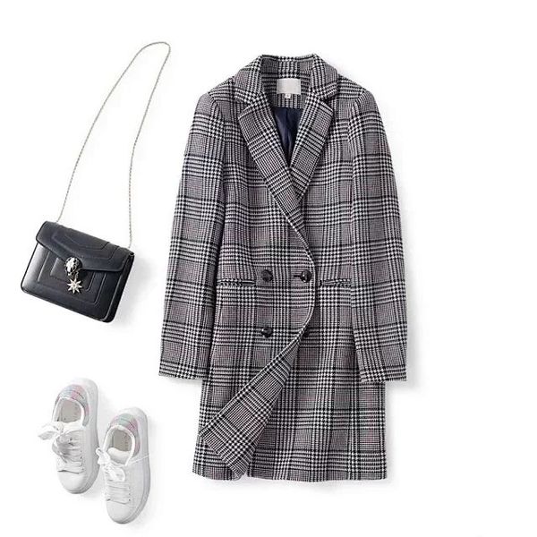 

женщины пальто new long двубортный плед шерстяное пальто двойной брестед, Black