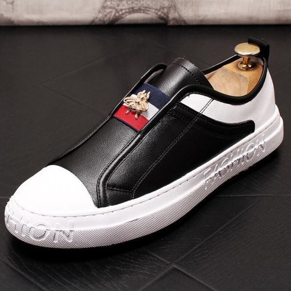 

cowhide small white shoe loafer shoe recreational board shoes new soft sole shoe stylist elastic belt bee star shoes c01 02, Black