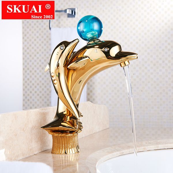 

soild copper gold finish bathroom faucet golden double dolphins basin tap single handle creative faucet wyl092