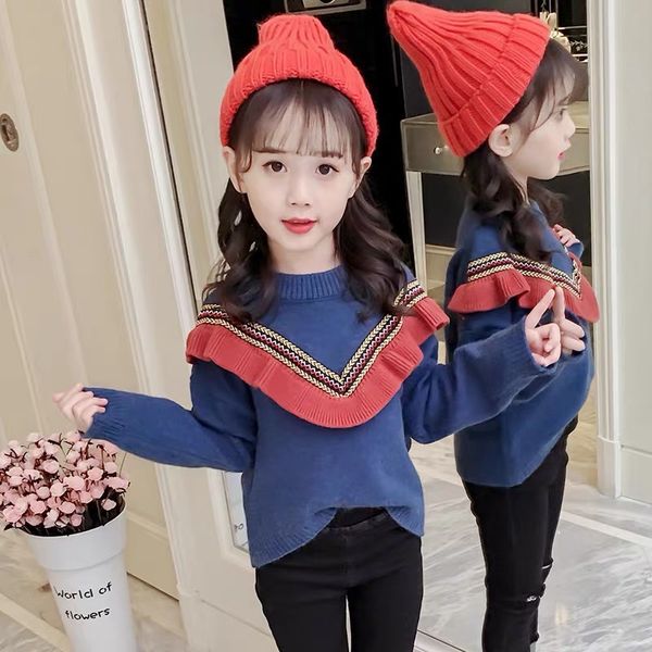 

autumn winter girls fleece sweaters kids elegant thicken sweater children warm pullover cotton knitwear girls clothing, Blue