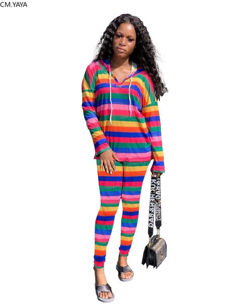 

autumn winter women rainbow striped print t-shirt hoodies pencil pants suit two piece set party tracksuit sweatsuit glm215, White
