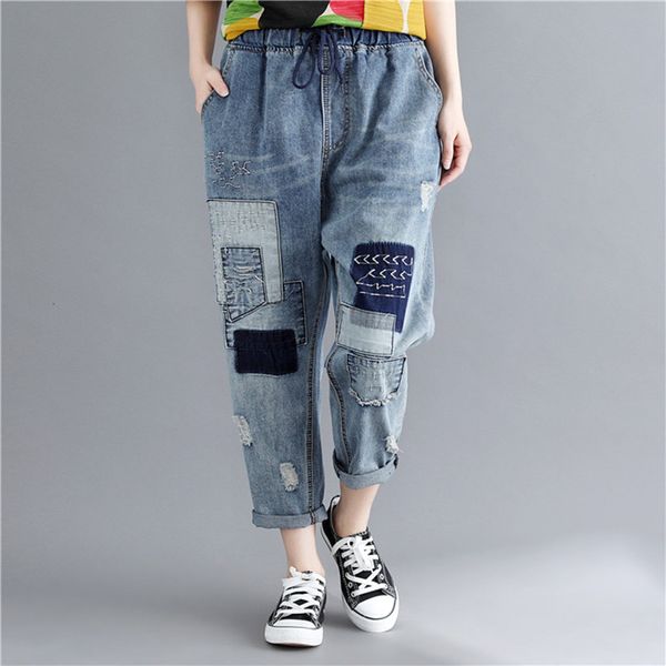 

johnature fashion new loose patchwork denim pants 2019 summer elastic waist hole tie casual ankle-length women jeans pants, Black;white