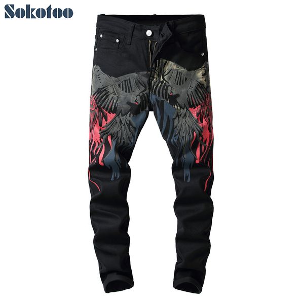 

sokotoo men's colored pattern 3d printed back jeans fashion eagle painted slim fit straight pants, Blue