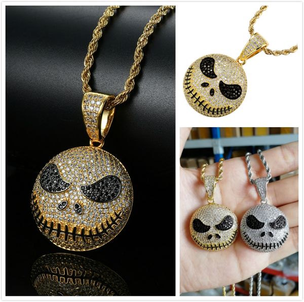 

new 18k gold full cz cubic zirconia blingbling angry emoji face pendant necklace hip hop iced out diamond miami rapper jewelry gifts men, Silver