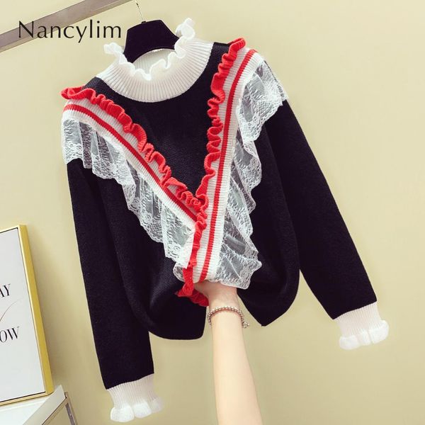 

2019 autumn winter new korean style colour-impact stitching lace knitted sweater long sleeve loose round-necked sweaters femme, White;black