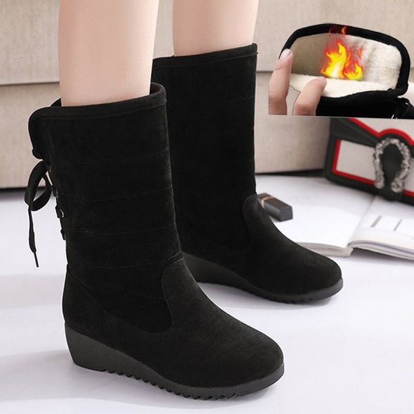 

winter women snow boots middle tube faux suede slim wedges black rubber fur butterfly knot platform mother shoes botas mujer