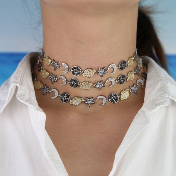 

2019 women fashion jewelry micro pave white black cz lucky charm link chain moon northstar saturn planet statement necklace, Golden;silver