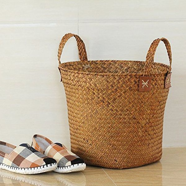 

natural round straw basket bin handmade with handgrip orange 33x21x26cm storage baskets