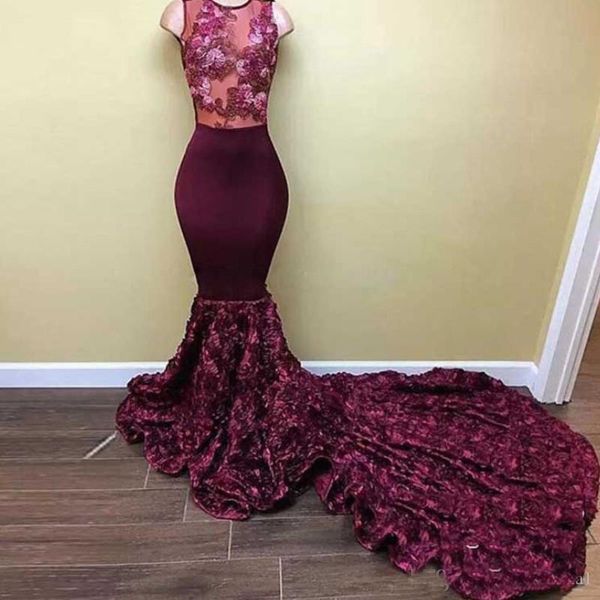 

Gorgeous African Burgundy Long Mermaid Prom Dresses Chic 3D Rose Flower Sweep Train Prom Gowns Appliques Formal Party Dress 2018 Vestido