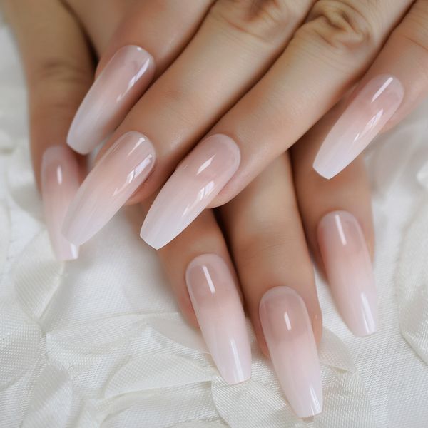 

natural coffin daily salon false nail long full cover french nail tips gradient smooth good quality ballerina faux ongles, Red;gold