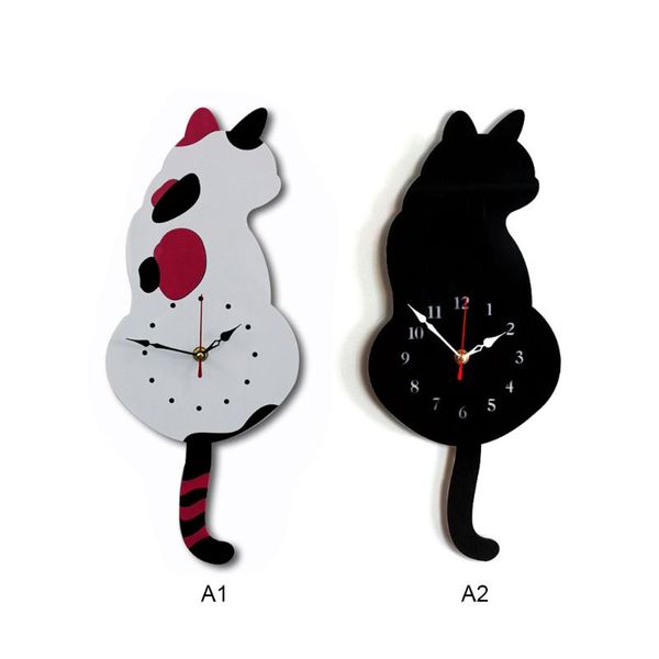 

cute cat quartz clocks pendulum clock swinging tail wall clock home bedroom mirror wall quartz needle decor watch clocks