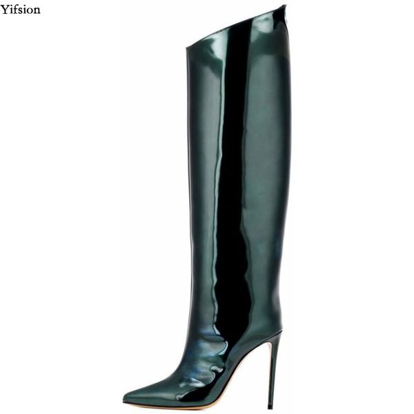 

yifsion new women winter knee high shiny boots stiletto heel boots nice pointed toe gorgeous night club shoes women us size 5-15, Black