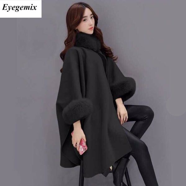 

women woolen overcoat camel poncho winter knitwear shawl cape feminino loose warm outerwear inverno plus size 3xl overcoat, Black