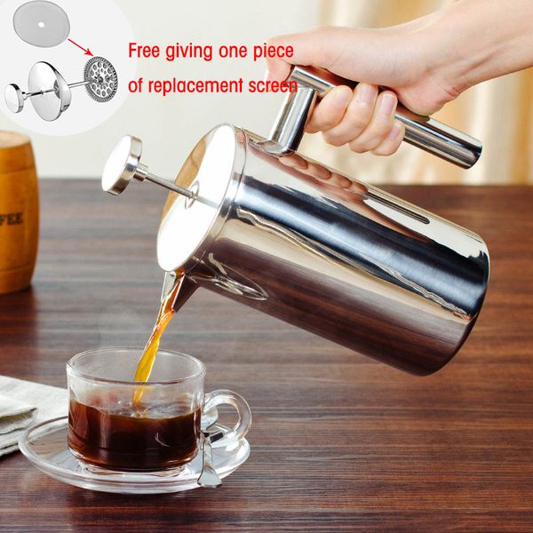 Caffettiera French Press Caffettiera a doppia parete in acciaio inossidabile Caffettiera isolata per caffè e tè Pentola che dà un cestello filtrante T2289S