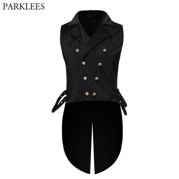 

mens gothic tuxedo vest victorian steampunk cosplay waistcoat men black double-breasted jacquard coat vest halloween mens gilet, Black;white