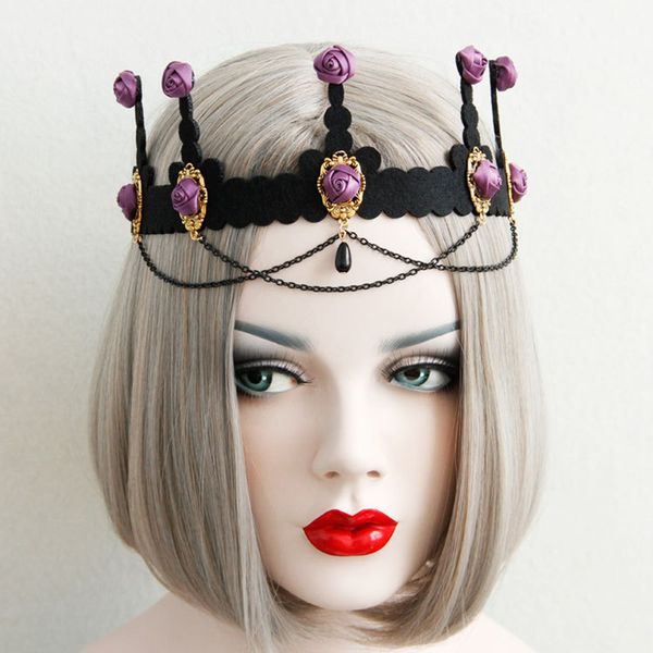 

purple flower crown tiara hair jewelry for women gothic female wedding hair accessories halloween princess queen head jewelry, Golden;white