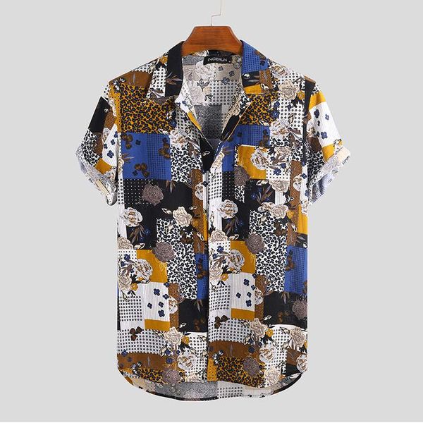 

men shirt short sleeve printing casual brand lapel 2020 button streetwear vacation breathable beach hawaiian shirts men chemise, White;black