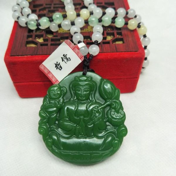 

zheru jewelry pure natural hetian biyu carved lotus guanyin pendant tricolor jade bead necklace send certificate, Silver