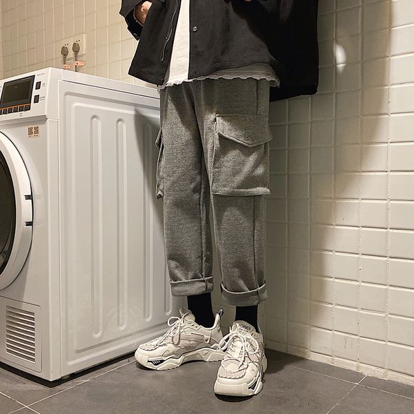 

winter thicken woolen pants men's warm fashion solid color casual overalls man streetwear wild hip-hop loose straight trousers, Black